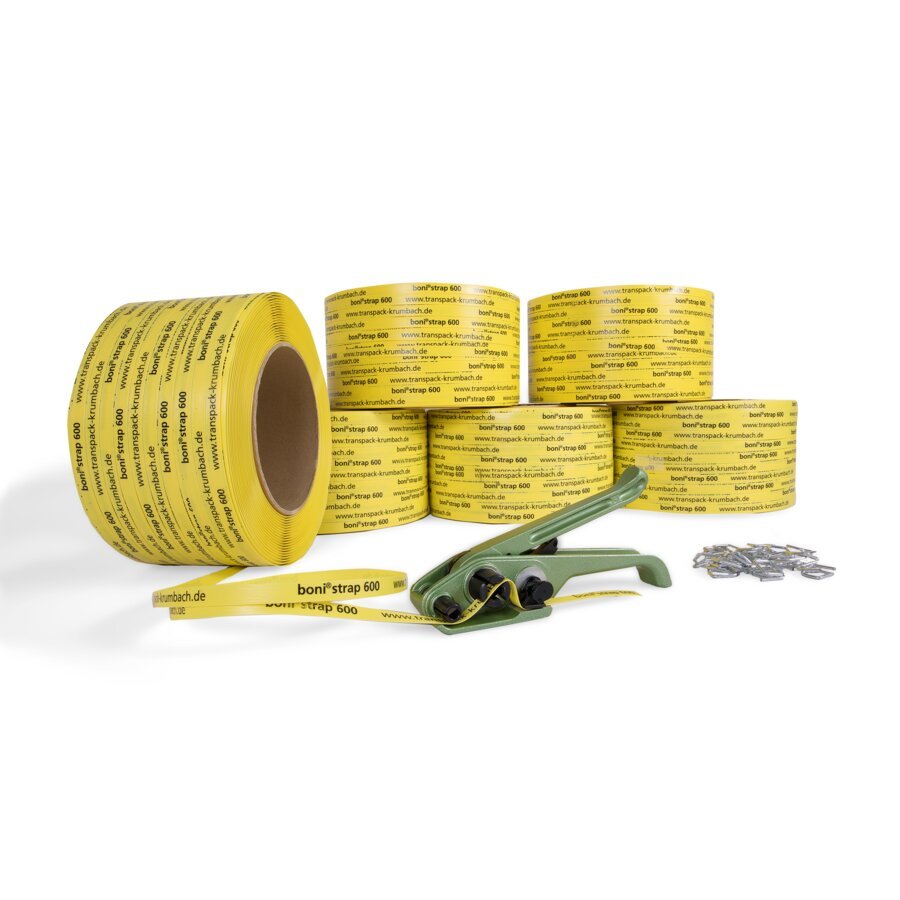 Mit einem passenden Umreifungswerkzeug lässt sich das bonistrap 600 einfach verarbeiten Mit einem passenden Umreifungswerkzeug lässt sich das bonistrap 600 einfach verarbeiten