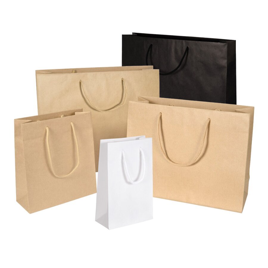 Umweltfreundliche Tragetasche aus robustem Kraftpapier mit stabiler Baumwollkordel als Tragegriff Umweltfreundliche Tragetasche aus robustem Kraftpapier mit stabiler Baumwollkordel als Tragegriff
