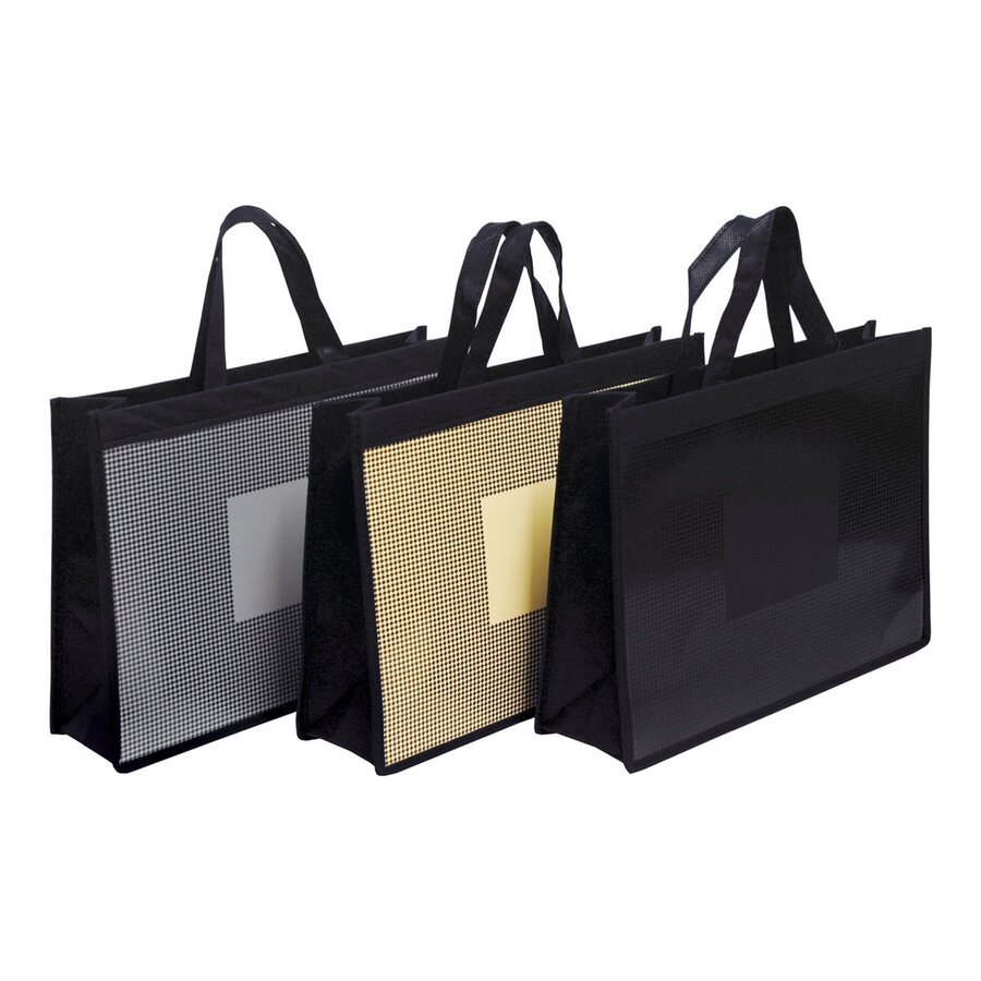 Dank der Boden und Seitenfalte aus Non-Woven-Material sind diese Tragetaschen wiederverwendbar Dank der Boden und Seitenfalte aus Non-Woven-Material sind diese Tragetaschen wiederverwendbar