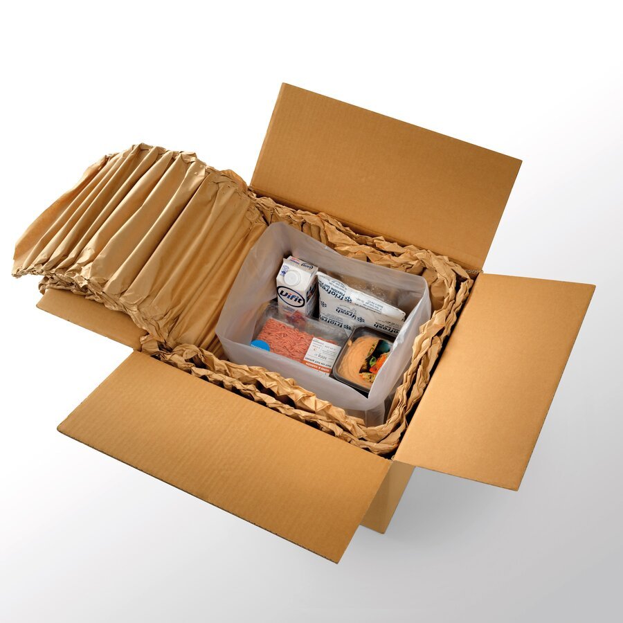 Wirkt isolierend, auch für gekühlte oder gefrorene Produkte geeignet Wirkt isolierend, auch für gekühlte oder gefrorene Produkte geeignet