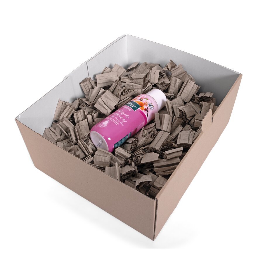 Mehrlagige Papierpolster-Chips als perfekter Produktschutz im Karton Mehrlagige Papierpolster-Chips als perfekter Produktschutz im Karton