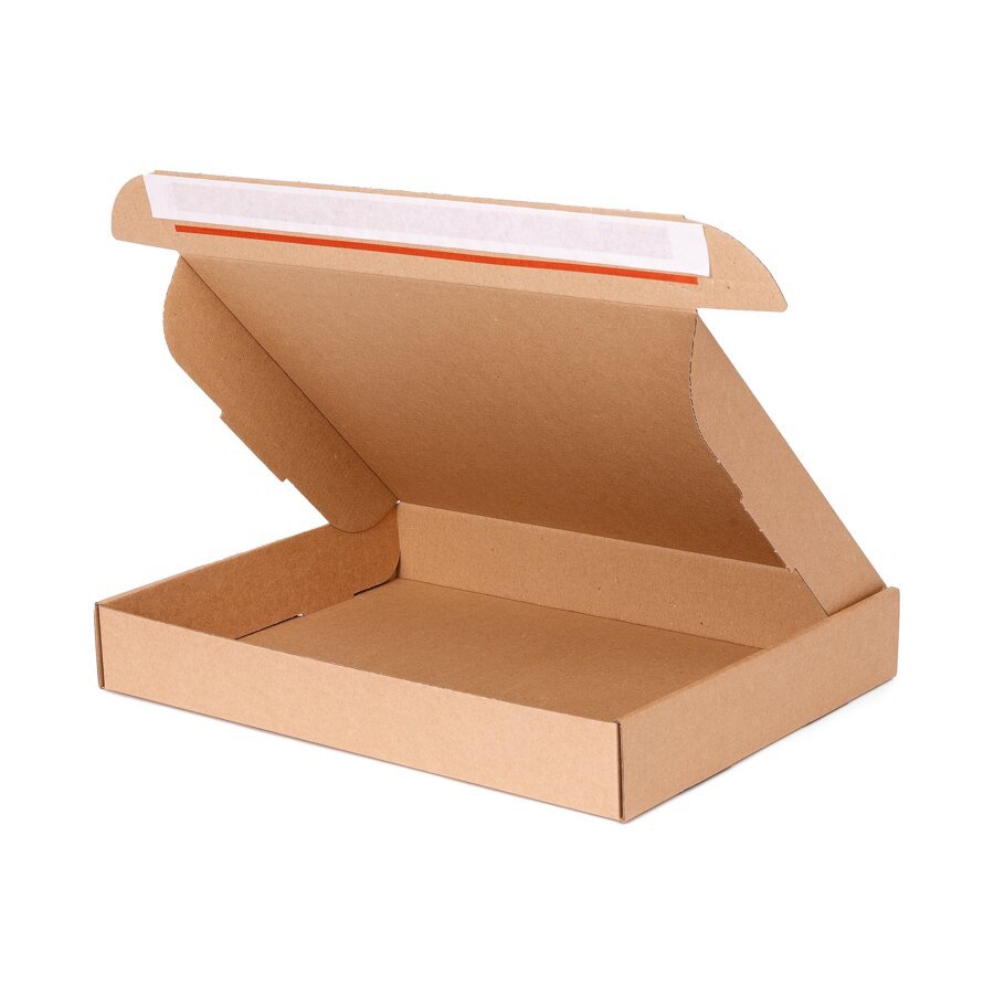 Alle Ausführungen mit SK-Streifen und Aufreißfaden Eine Klappschachtel im geöffneten Zustand mit sichtbaren Selbstklebestreifen