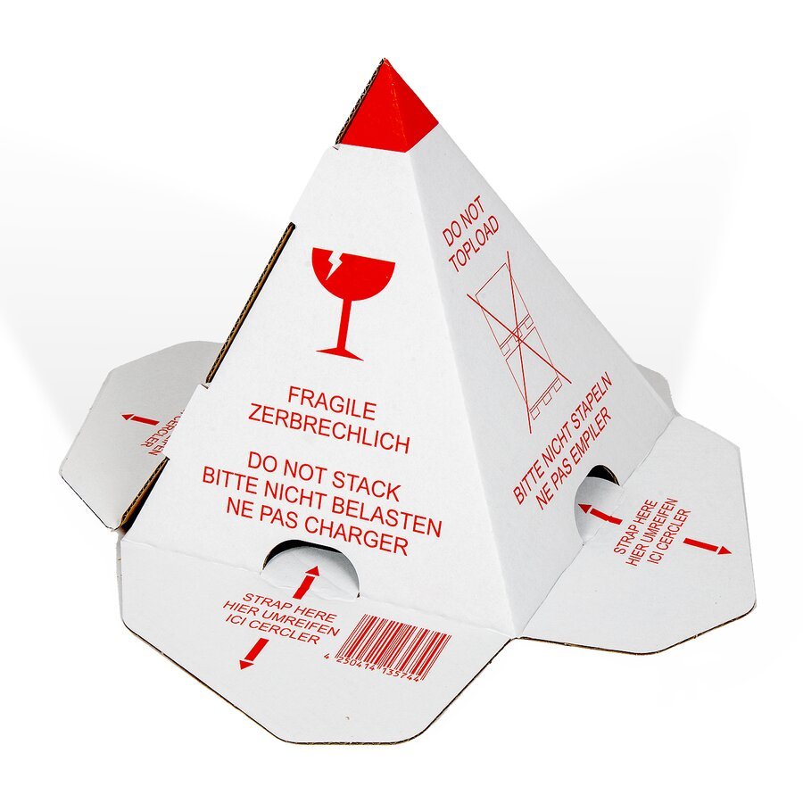 Pyramidenform mit Ausstanzungen zum Sichern durch Umreifungsband oder Befestigung durch Selbstklebestreifen Pyramidenform mit Ausstanzungen zum Sichern durch Umreifungsband oder Befestigung durch Selbstklebestreifen