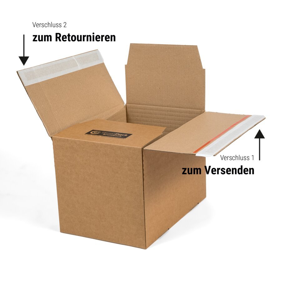 Nach dem ersten Verschließen kann der Karton geöffnet, wiederverschlossen und nochmal verschickt werden Nach dem ersten Verschließen kann der Karton geöffnet, wiederverschlossen und nochmal verschickt werden