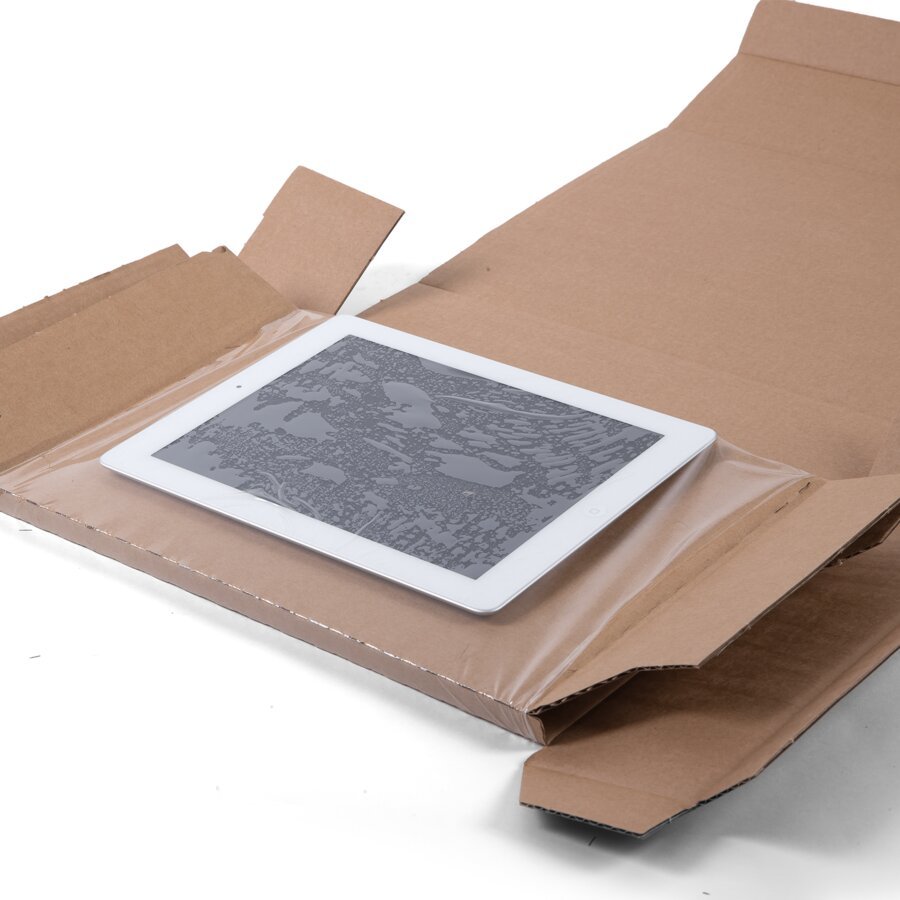 Durch Aufrichten der Seitenklappen spannt sich die Folie und sichert das Packgut Durch Aufrichten der Seitenklappen spannt sich die Folie und sichert das Packgut