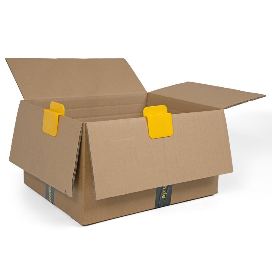 Mit der Klammer fixieren Sie die Deckelklappen Ihres Faltkartons kurzfristig an den Außenwänden Mit der Klammer fixieren Sie die Deckelklappen Ihres Faltkartons kurzfristig an den Außenwänden