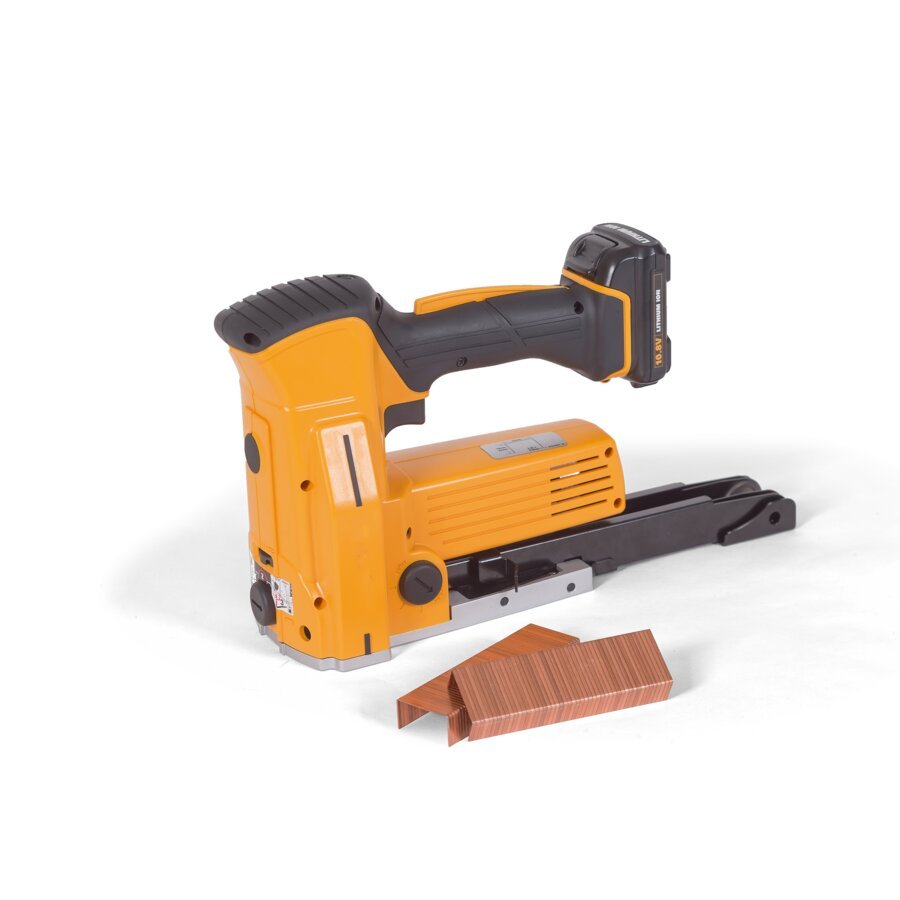 Leistungsstarkes Akku-Klammergerät für industrielle Verpackungen Akku-Klammergerät, gelb von Stanley Bostich mit Kupferklammern