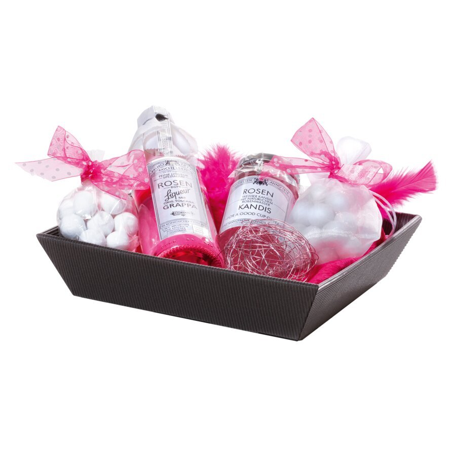 Präsentkorb flach anthrazit gefüllt Präsentkorb flach anthrazit gefüllt